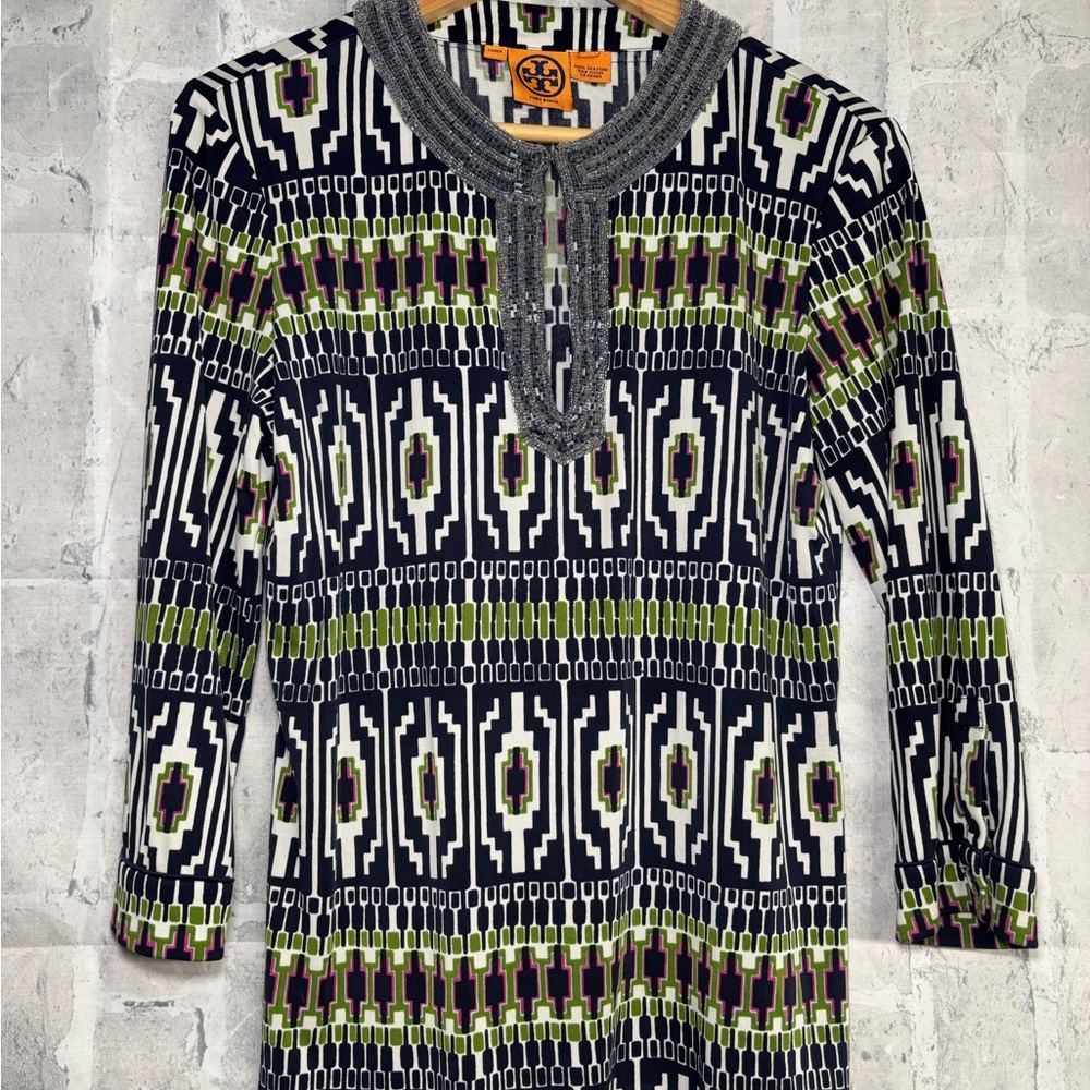 Tory Burch Geometric Knit Tunic - Navy, White & Olive 100% Silk